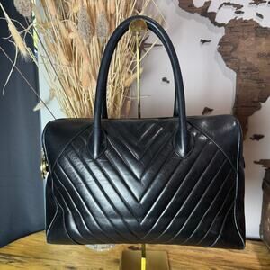 Chanel Vintage Black Chevron Lambskin Medallion Duffel Tote Bag Authentic CoA